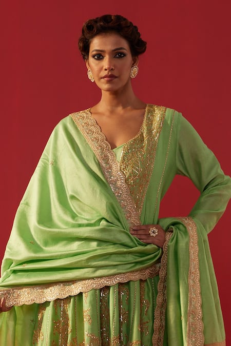 Buy_Rasasvada_Green Chanderi Sequins, Zari V-neck Embroidered Anarkali Set _Online_at_Aza_Fashions