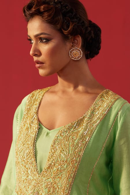 Shop_Rasasvada_Green Chanderi Sequins, Zari V-neck Embroidered Anarkali Set _Online_at_Aza_Fashions