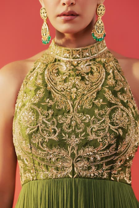 Shop Rasasvada Green Georgette Embroidery, Zari Halter Neck Paisley Embellished Anarkali Online at Aza Fashions Shop_Rasasvada_Green Georgette Embroidery, Zari Halter Neck Paisley Embellished Anarkali _Online_at_Aza_Fashions
