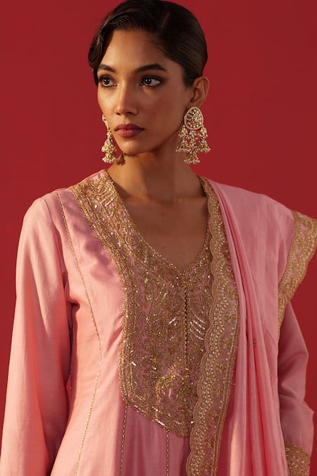 Buy_Rasasvada_Pink Chanderi Embroidery, Sequins, Zari V-neck Anarkali Set _Online_at_Aza_Fashions