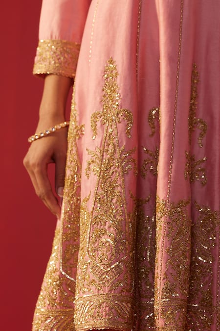 Shop_Rasasvada_Pink Chanderi Embroidery, Sequins, Zari V-neck Anarkali Set _Online_at_Aza_Fashions