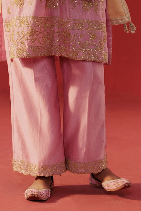 Rasasvada_Pink Chanderi Embroidery, Sequins, Zari V-neck Placket Kurta Set _Online_at_Aza_Fashions