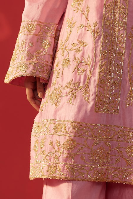 Buy_Rasasvada_Pink Chanderi Embroidery, Sequins, Zari V-neck Placket Kurta Set _Online_at_Aza_Fashions