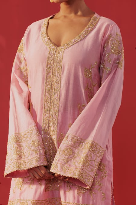 Shop_Rasasvada_Pink Chanderi Embroidery, Sequins, Zari V-neck Placket Kurta Set _Online_at_Aza_Fashions