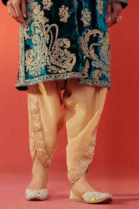 Rasasvada Blue Velvet Embroidery, Zari Round Neck Kurta And Dhoti Pant Set Online at Aza Fashions Rasasvada_Blue Velvet Embroidery, Zari Round Neck Kurta And Dhoti Pant Set _Online_at_Aza_Fashions