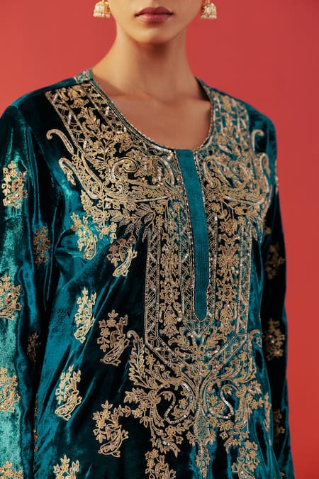 Buy Rasasvada Blue Velvet Embroidery, Zari Round Neck Kurta And Dhoti Pant Set Online at Aza Fashions Buy_Rasasvada_Blue Velvet Embroidery, Zari Round Neck Kurta And Dhoti Pant Set _Online_at_Aza_Fashions