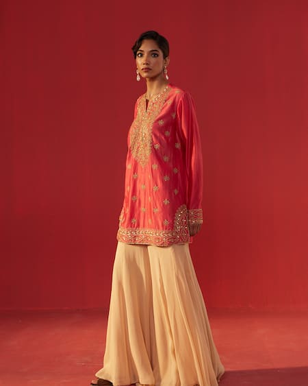 Rasasvada_Pink Georgette Embroidery, Zari Round Neck Yoke Embellished Kurta Sharara Set  _Online_at_Aza_Fashions