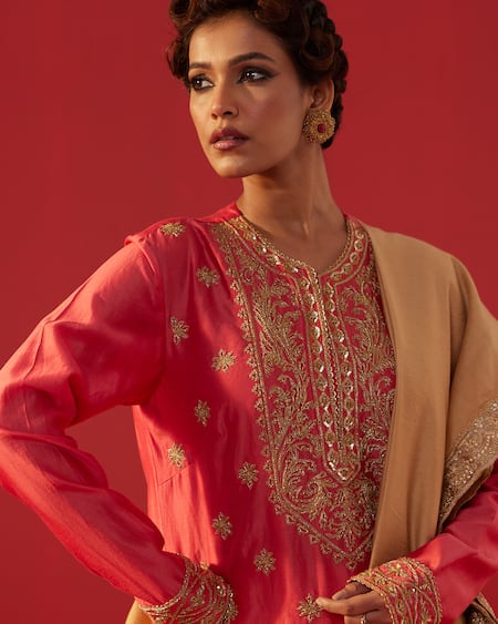 Buy_Rasasvada_Pink Georgette Embroidery, Zari Round Neck Yoke Embellished Kurta Sharara Set  _Online_at_Aza_Fashions