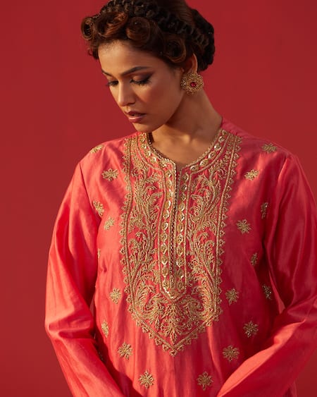 Shop_Rasasvada_Pink Georgette Embroidery, Zari Round Neck Yoke Embellished Kurta Sharara Set  _Online_at_Aza_Fashions