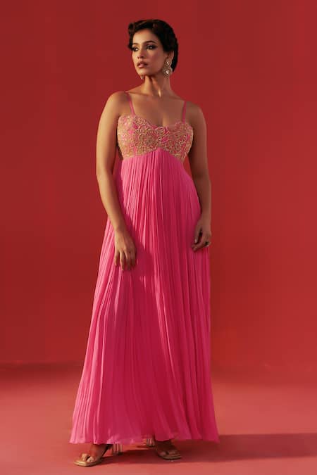 Rasasvada_Pink Georgette Zari, Embroidery Sweetheart Neck Gathered Anarkali _Online_at_Aza_Fashions