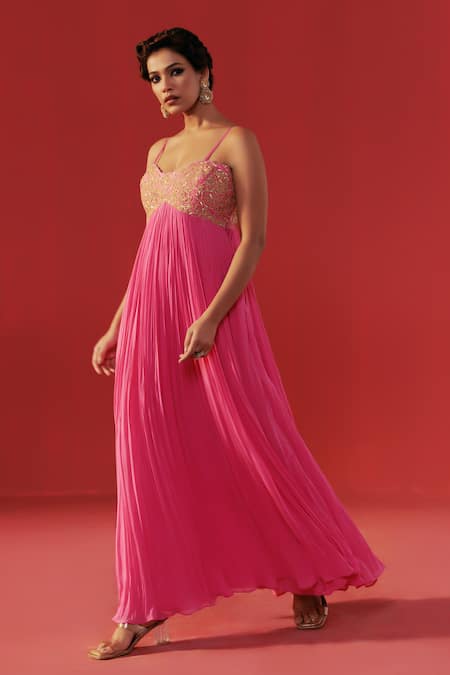 Buy_Rasasvada_Pink Georgette Zari, Embroidery Sweetheart Neck Gathered Anarkali _Online_at_Aza_Fashions