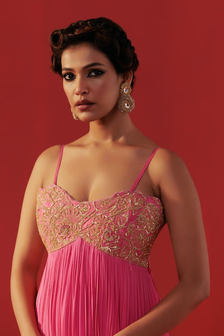 Shop_Rasasvada_Pink Georgette Zari, Embroidery Sweetheart Neck Gathered Anarkali _Online_at_Aza_Fashions