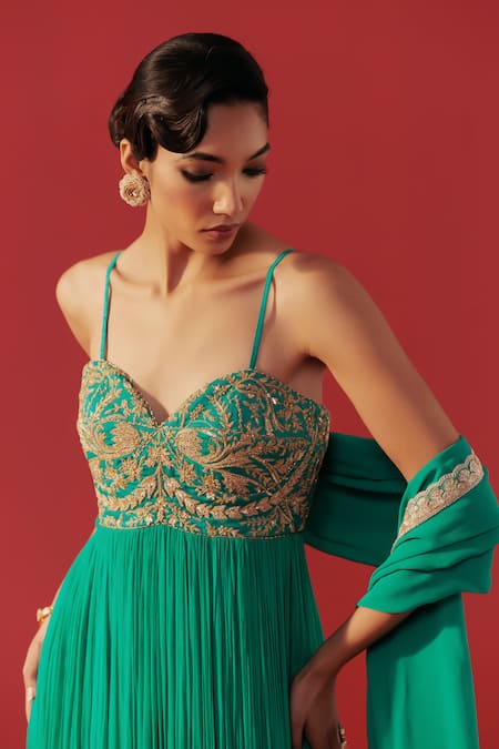 Rasasvada_Green Georgette Embroidery, Zari Sweetheart Neck Floral Anarkali _Online_at_Aza_Fashions