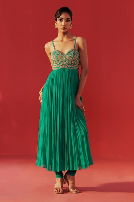 Buy_Rasasvada_Green Georgette Embroidery, Zari Sweetheart Neck Floral Anarkali _Online_at_Aza_Fashions