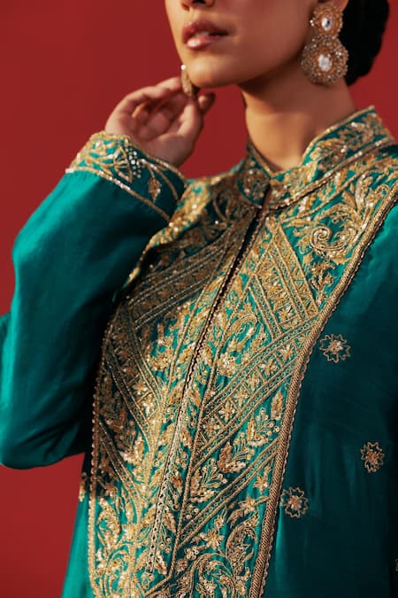 Buy_Rasasvada_Blue Chanderi Embroidery, Zari Mandarin Collar Kurta Set _Online_at_Aza_Fashions
