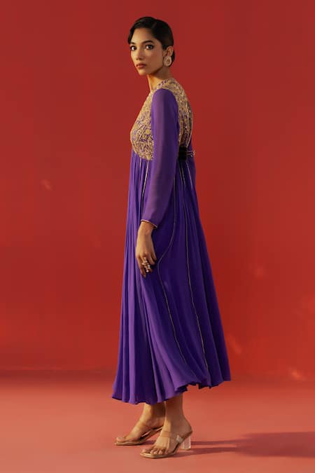 Rasasvada_Purple Georgette Zari V-neck Embroidered Anarkali And Pant Set _Online_at_Aza_Fashions