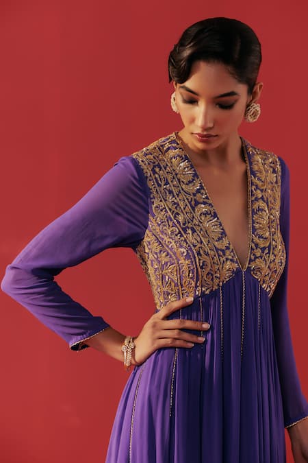 Buy_Rasasvada_Purple Georgette Zari V-neck Embroidered Anarkali And Pant Set _Online_at_Aza_Fashions