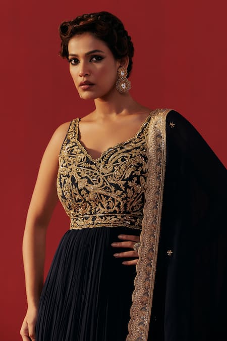 Rasasvada_Blue Georgette Embroidery, Zari Sweetheart Neck Hand Anarkali _Online_at_Aza_Fashions