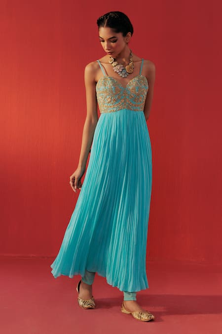 Rasasvada_Blue Georgette Sequins, Zari, Stones Yoke Placement Embellished Anarkali _Online_at_Aza_Fashions