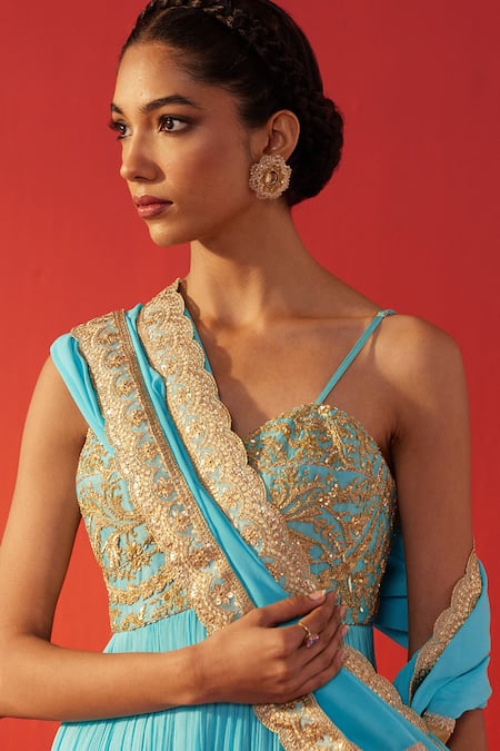 Buy_Rasasvada_Blue Georgette Sequins, Zari, Stones Yoke Placement Embellished Anarkali _Online_at_Aza_Fashions