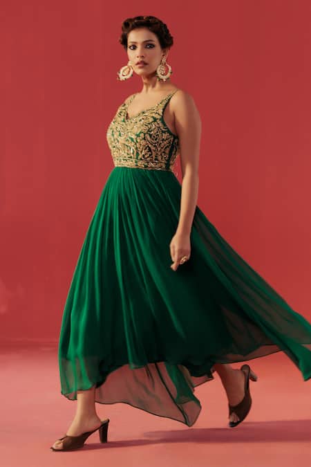 Buy_Rasasvada_Green Georgette Embroidery, Zari V-neck Yoke Embellished Anarkali _Online_at_Aza_Fashions