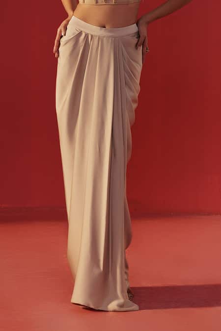 Buy_Rasasvada_Gold Crepe Embroidery, Beads Sweetheart Neck Bustier And Draped Skirt Set _Online_at_Aza_Fashions