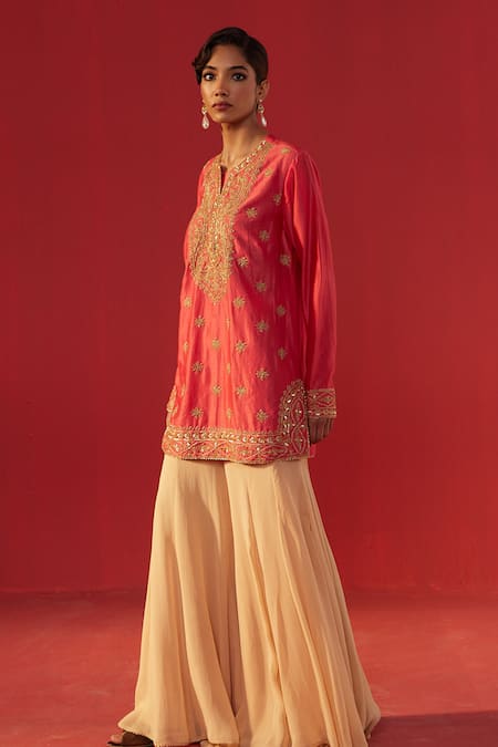 Rasasvada_Pink Georgette Sequins, Zari, Tassels Round Neck Embellished Kurta Sharara Set _Online_at_Aza_Fashions