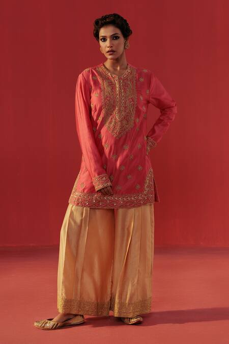 Rasasvada_Pink Georgette Sequins, Zari, Tassels Round Neck Embellished Kurta Sharara Set _at_Aza_Fashions