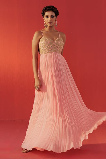 Rasasvada Peach Georgette Embroidery, Zari Sweetheart Neck Yoke Embellished Anarkali Online at Aza Fashions Rasasvada_Peach Georgette Embroidery, Zari Sweetheart Neck Yoke Embellished Anarkali _Online_at_Aza_Fashions