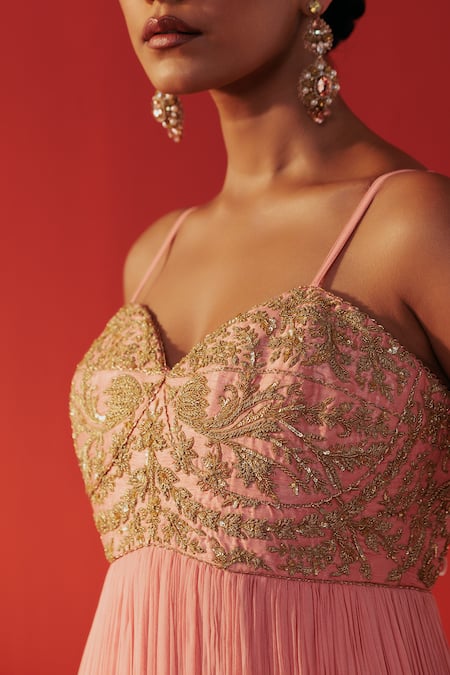 Buy Rasasvada Peach Georgette Embroidery, Zari Sweetheart Neck Yoke Embellished Anarkali Online at Aza Fashions Buy_Rasasvada_Peach Georgette Embroidery, Zari Sweetheart Neck Yoke Embellished Anarkali _Online_at_Aza_Fashions