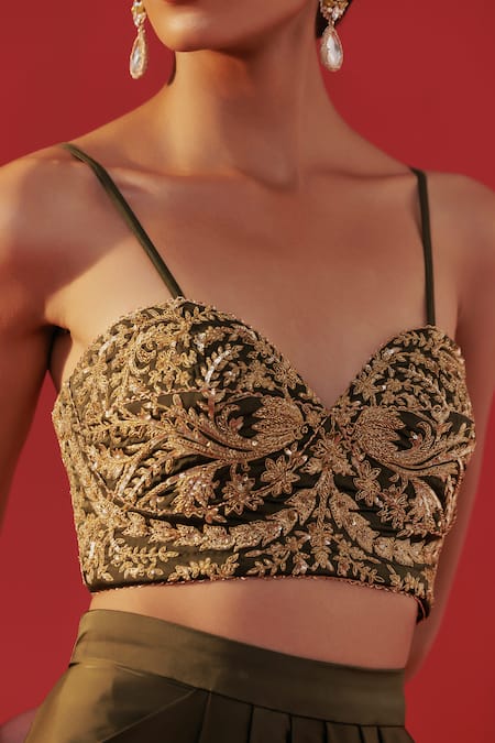 Buy_Rasasvada_Green Crepe Embroidery, Zari Sweetheart Neck Work Bustier And Skirt Set _Online_at_Aza_Fashions