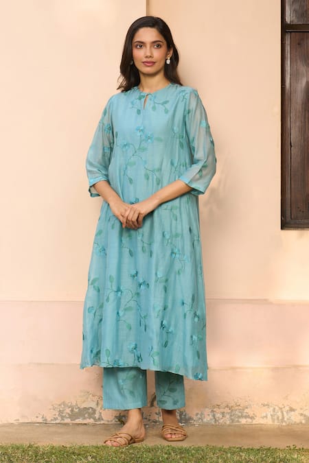 Vaayu Powder Blue Embroidered Kurta & Pant Set 
