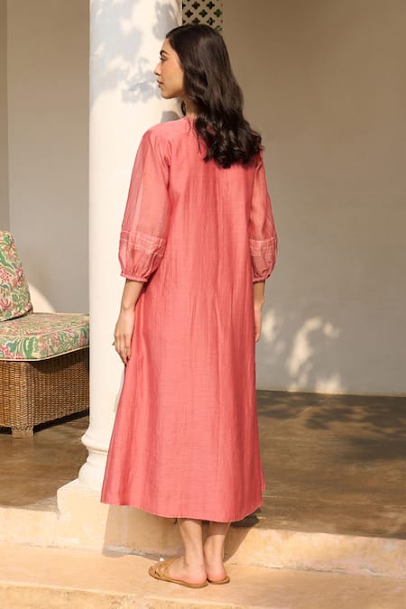 Vaayu Hibiscus Applique Muslin Cotton Midi Dress With Pintuck 