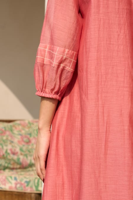 Vaayu_Pink Muslin Applique Round Neck Hibiscus Cotton Midi Dress With Pintuck _Online_at_Aza_Fashions