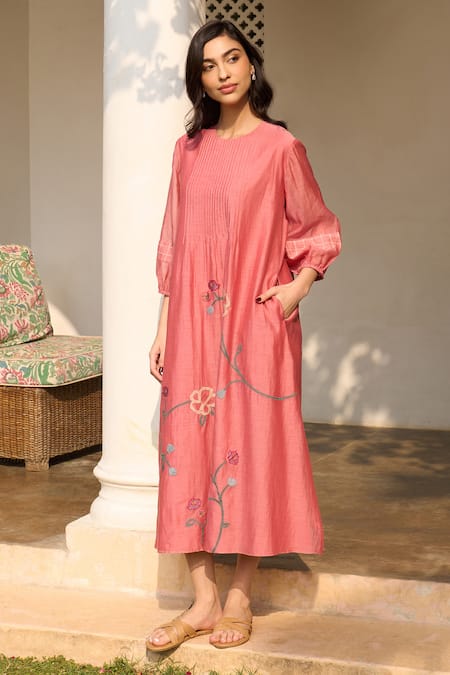 Shop_Vaayu_Pink Muslin Applique Round Neck Hibiscus Cotton Midi Dress With Pintuck _Online_at_Aza_Fashions