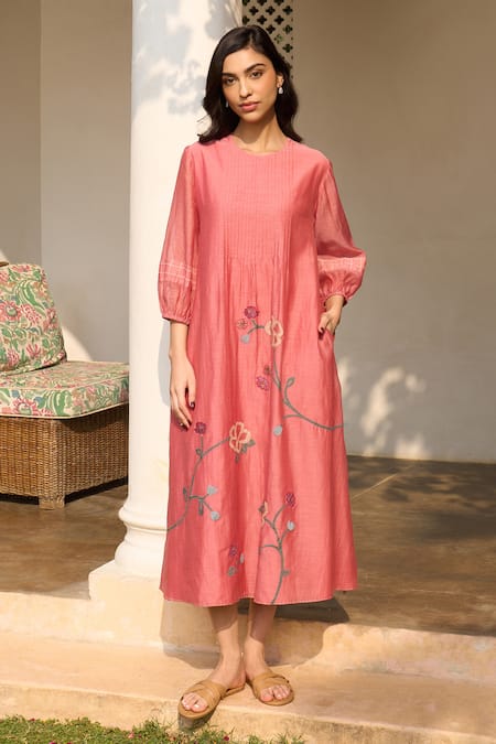 Vaayu Hibiscus Applique Muslin Cotton Midi Dress With Pintuck 