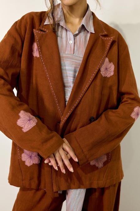 Doodlage_Orange Cotton Embroidery, Applique Oslo Floral Work Blazer _Online_at_Aza_Fashions