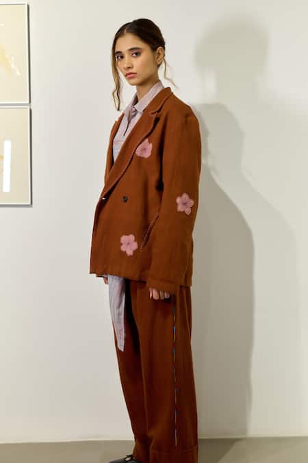 Buy_Doodlage_Orange Cotton Embroidery, Applique Oslo Floral Work Blazer 