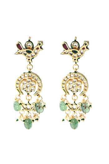 Shop_ChhavI'S Jewels_Green Pearls, Stones Polki Embellished Chandbalis Earrings _Online_at_Aza_Fashions