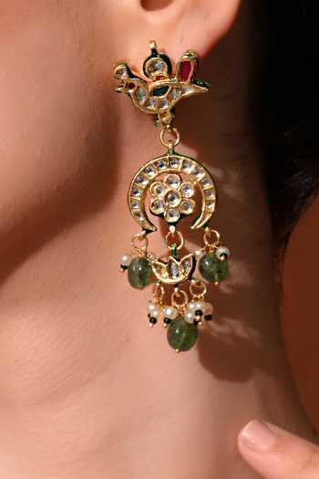 Buy_ChhavI'S Jewels_Green Pearls, Stones Polki Embellished Chandbalis Earrings 