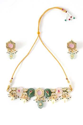 ChhavI'S Jewels_Multi Color Pearls, Stones Polki Embellished Choker Set _Online_at_Aza_Fashions