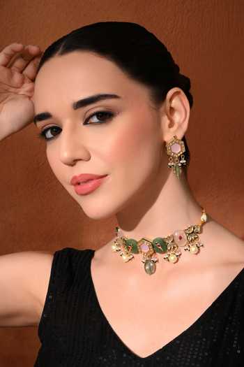 Buy_ChhavI'S Jewels_Multi Color Pearls, Stones Polki Embellished Choker Set 