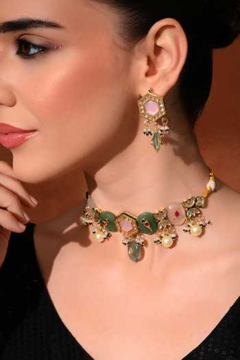 Shop_ChhavI'S Jewels_Multi Color Pearls, Stones Polki Embellished Choker Set 
