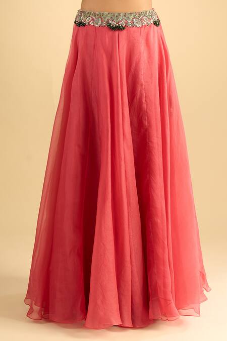 Shop Prisho Coral Embroidery, Sequins, Tassels Sweetheart Neck Placement Skirt Set Online at Aza Fashions Shop_Prisho_Coral Embroidery, Sequins, Tassels Sweetheart Neck Placement Skirt Set _Online_at_Aza_Fashions