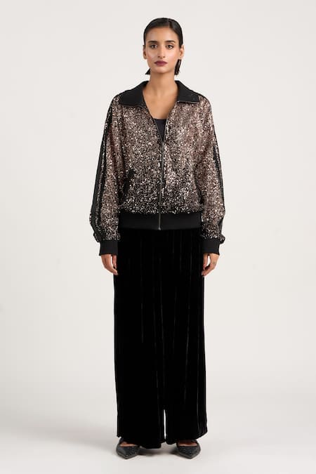 Buy Ott Black Polyester Sequins Collared Work Bomber Jacket Buy_Ott_Black Polyester Sequins Collared Work Bomber Jacket