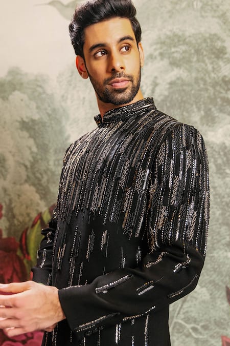 PRAVALIKA KOLA_Black Suiting Sequins, Zari Gleaming Embellished Long Bandhgala Set _Online_at_Aza_Fashions