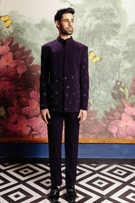 Buy_PRAVALIKA KOLA_Purple Suiting Embroidery Imperial Bandhgala Set _Online_at_Aza_Fashions