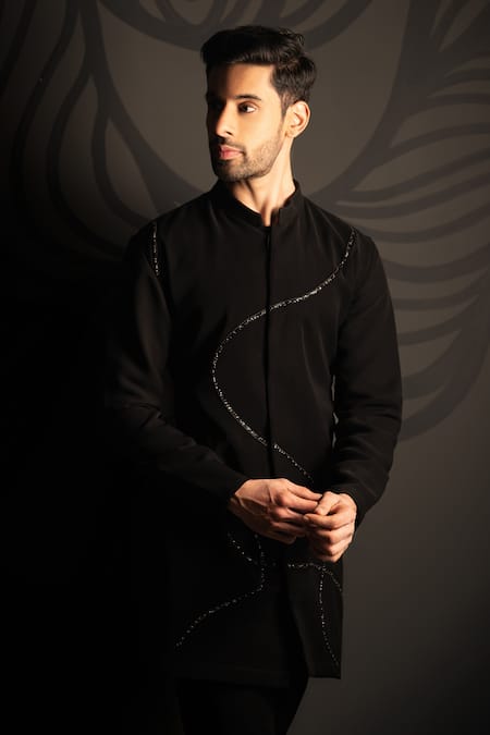 PRAVALIKA KOLA_Black Suiting Embroidery Intutive Embellished Long Bandhgala Set _Online_at_Aza_Fashions