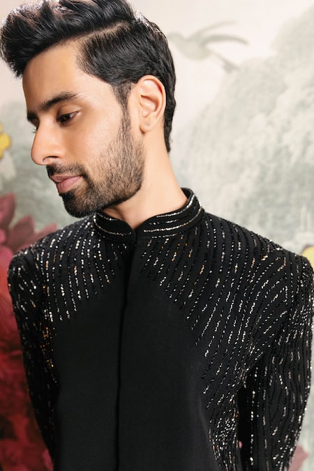 PRAVALIKA KOLA_Black Suiting Embroidery Orion Embellished Bandhgala Set _Online_at_Aza_Fashions