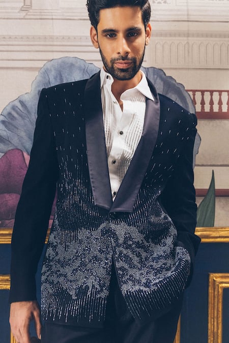 PRAVALIKA KOLA_Blue Suiting Stellar Embellished Trouser Set _Online_at_Aza_Fashions